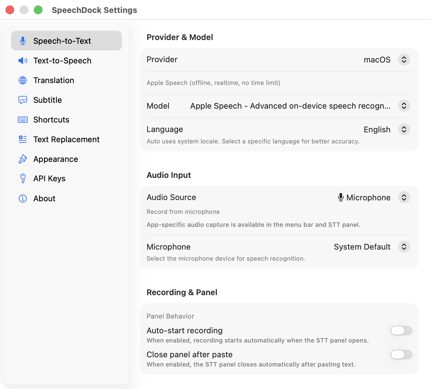 Speech-to-Text Settings
