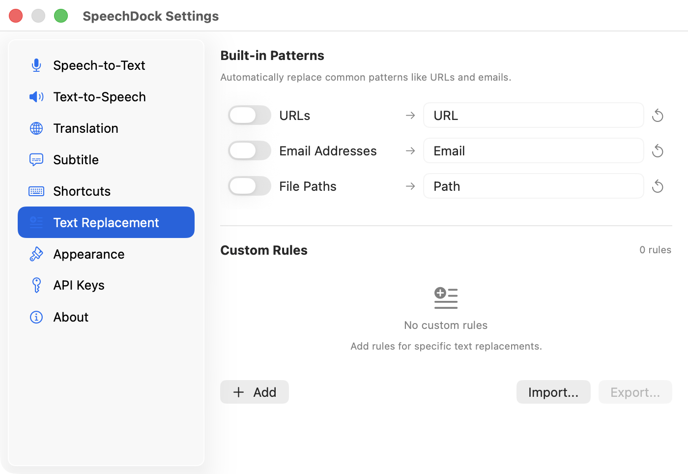 Text Replacement Settings